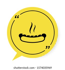 Black Hotdog sandwich with mustard icon isolated on white background. Sausage icon. Fast food sign. Yellow speech bubble symbol. Vector Illustration