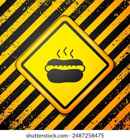 Black Hotdog sandwich with mustard icon isolated on yellow background. Sausage icon. Fast food sign. Warning sign. Vector