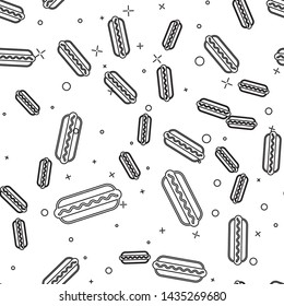 Black Hotdog sandwich with mustard line icon isolated seamless pattern on white background. Sausage icon. Fast food sign. Vector Illustration