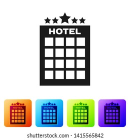 Black Hotel building icon isolated on white background. Set icon in color square buttons. Vector Illustration