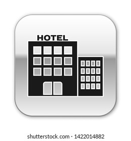 Black Hotel building icon isolated on white background. Silver square button. Vector Illustration