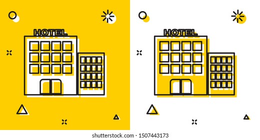 Black Hotel building icon isolated on yellow and white background. Random dynamic shapes. Vector Illustration