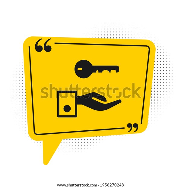 Black Hotel door lock key
icon isolated on white background. Yellow speech bubble symbol.
Vector