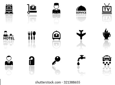 black hotel icons set with mirror reflection silhouette