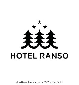 Logotipo preto do hotel com pinheiros e estrelas em