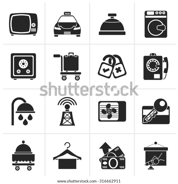 Black Hotel and motel room facilities icons - vector\
icon set