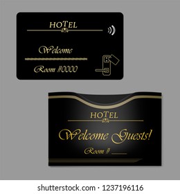 Black Hotel RFID Key Card With Keycard Sleeve Holder. Horizontal Envelope With Top Slot. Vector Template.