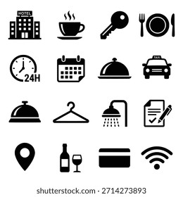 Conjunto de iconos de servicios de hotel negro, restaurante, taxi, ducha, llave, wifi.