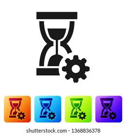 Black Hourglass and gear icon isolated on white background. Time Management symbol. Clock and gear icon. Productivity symbol. Set icon in color square buttons. Vector Illustration