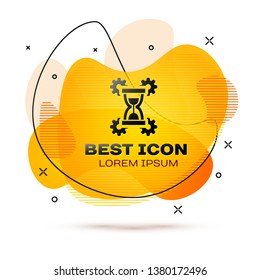 Black Hourglass and gear icon isolated on white background. Time Management symbol. Clock and gear icon. Productivity symbol. Fluid color banner. Vector Illustration
