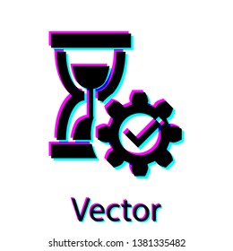 Black Hourglass and gear icon isolated on white background. Time Management symbol. Clock and gear icon. Productivity symbol. Vector Illustration