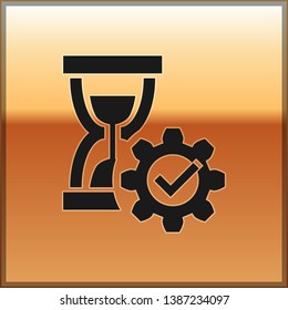 Black Hourglass and gear icon isolated on gold background. Time Management symbol. Clock and gear icon. Productivity symbol. Vector Illustration