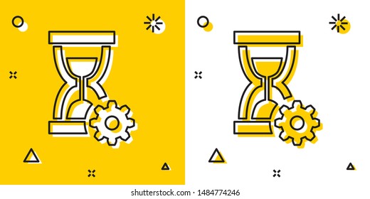 Black Hourglass and gear icon isolated on yellow and white background. Time Management symbol. Clock and gear icon. Productivity symbol. Random dynamic shapes. Vector Illustration