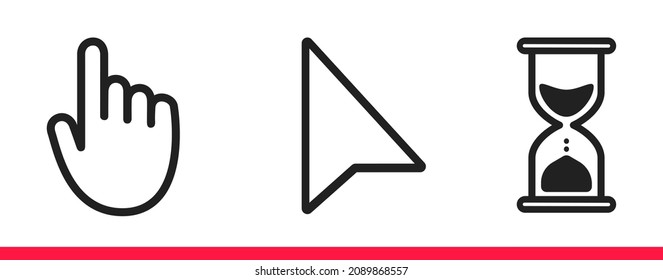 Black hourglass loading clock, pointer hand and arrow mouse cursors icon sign graphic element flat style design vector illustration set. Simplistic pictogram indicator sign, endless time process idea.