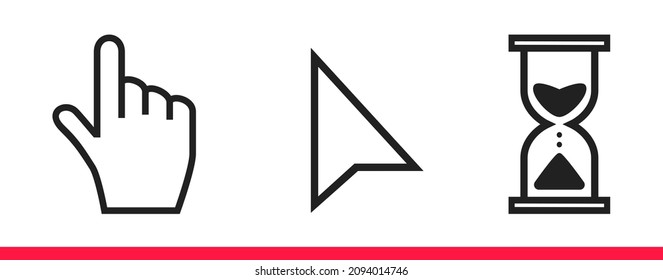 Black hourglass loading clock, pointer hand and arrow mouse cursors icon sign graphic element flat style design vector illustration set. Simplistic pictogram indicator sign, endless time process idea.