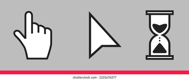 Black hourglass loading clock, pointer hand and arrow mouse cursors icon sign graphic element flat style design vector illustration set. Simplistic pictogram indicator sign, endless time process idea.