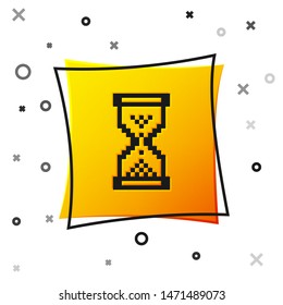 Black Hourglass pixel with flowing sand icon isolated on white background. Sand clock sign. Business and time management concept. Yellow square button. Vector Illustration