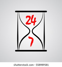 Black hourglass, a sign of twenty-four hours seven days, background gray gradient