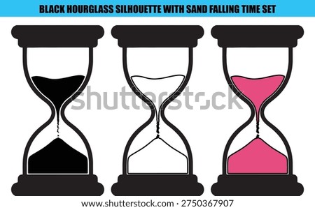 Black hourglass silhouettes with sand falling time