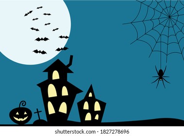 Black house with bats, pumpkin and grave on blue background. Vector. Halloween. Black spider. Old house. Web. Grave with a cross. The bats. Pumpkin. Moon