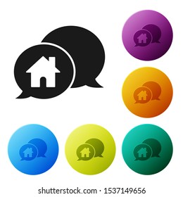 Black House building in speech bubble icon isolated on white background. Real estate concept. Set icons colorful circle buttons. Vector Illustration