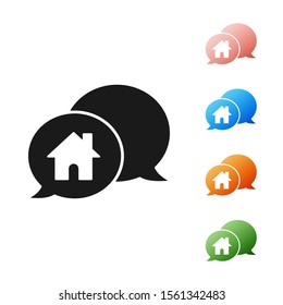 Black House building in speech bubble icon isolated on white background. Real estate concept. Set icons colorful. Vector Illustration