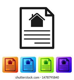Black House contract icon isolated on white background. Contract creation service, document formation, application form composition. Set icons in color square buttons. Vector Illustration