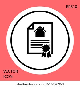 Black House contract icon isolated on red background. Contract creation service, document formation, application form composition. White circle button. Vector Illustration