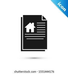 Black House contract icon isolated on white background. Contract creation service, document formation, application form composition.  Vector Illustration