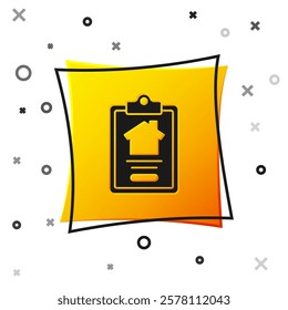 Black House contract icon isolated on white background. Contract creation service, document formation, application form composition. Yellow square button. Vector