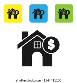 Black House with dollar symbol icon isolated on white background. Home and money. Real estate concept. Set of colorful square icon buttons. Vector Illustration