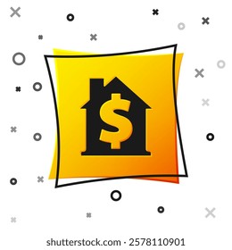Black House with dollar symbol icon isolated on white background. Home and money. Real estate concept. Yellow square button. Vector