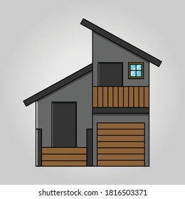 Black house. House exterior vector illustration front view. Cottage house, Townhouse building apartment. Home facade with doors, windows, balcony and garage.