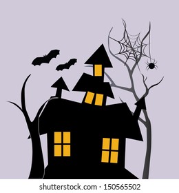 a black house with four windows and two bats flying near it with a spider
