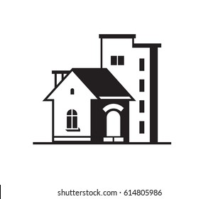 Black house front icon, on white background. Vector illustration