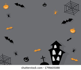 Black house with grave and bats pumpkin spiders and spider webs on gray background
