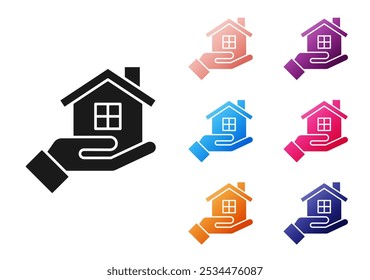 Black House in hand icon isolated on white background. Insurance concept. Security, safety, protection, protect concept. Set icons colorful. Vector
