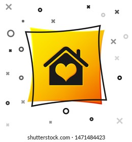 Black House with heart shape icon isolated on white background. Love home symbol. Family, real estate and realty. Yellow square button. Vector Illustration