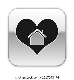 Black House with heart shape icon isolated on white background. Love home symbol. Family, real estate and realty. Silver square button. Vector Illustration