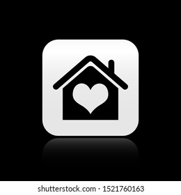 Black House with heart shape icon isolated on black background. Love home symbol. Family, real estate and realty. Silver square button. Vector Illustration