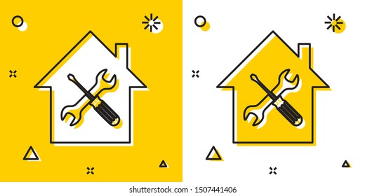 Black House or home with screwdriver and wrench icon isolated on yellow and white background. Adjusting, service, setting, maintenance, repair, fixing. Random dynamic shapes. Vector Illustration