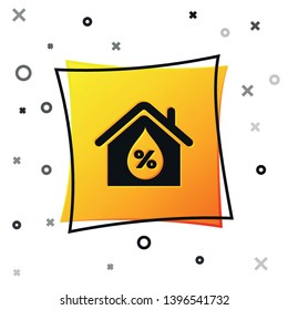 Black House humidity icon isolated on white background. Weather and meteorology, thermometer symbol. Yellow square button. Vector Illustration