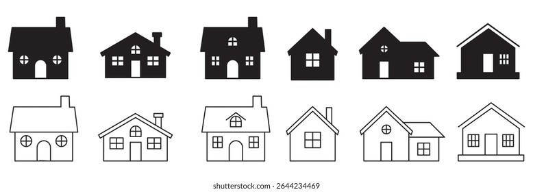 Black house icon collection, various residential building silhouettes, simple home design vector, architecture elements . eps 10 