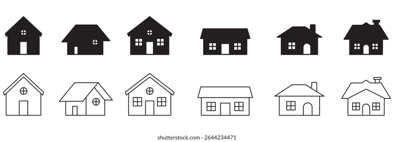Black house icon collection, various residential building silhouettes, simple home design vector, architecture elements . eps 10 