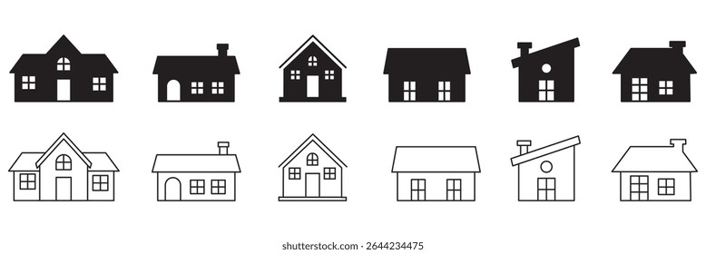 Black house icon collection, various residential building silhouettes, simple home design vector, architecture elements . eps 10 