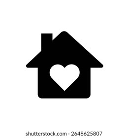 Black house icon with a heart in the center, symbolizing love, home, family, and care. Ideal for real estate, home care, shelter, or community-focused themes. Minimalist and universal design.