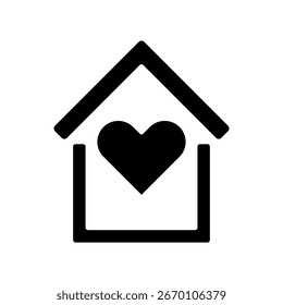 Icono de la casa negra con un corazón en el interior que representa la caridad y el cuidado del hogar. Icono del corazón de la casa de la caridad