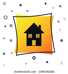 Black House icon isolated on white background. Home symbol. Yellow square button. Vector Illustration