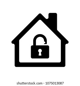 Black house icon with padlock unlocked inside. An Isolated vector object.