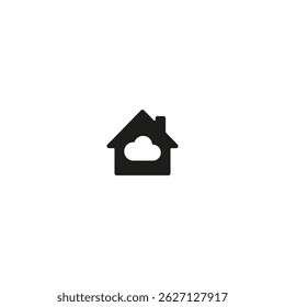 Black house icon with white cloud in the center, concept of cloud storage, digital technology, smart home, home network, or remote data access.